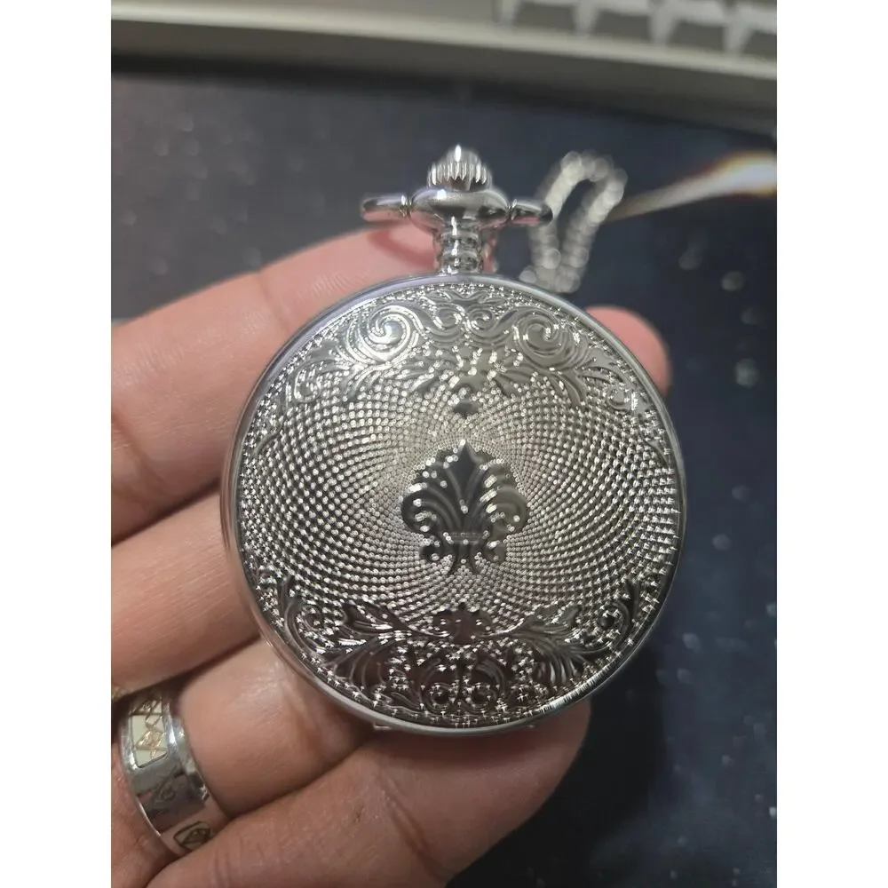 VIGOROSO Mechanical Skeleton Pocket Watch Silver Roman Numeral Chain New